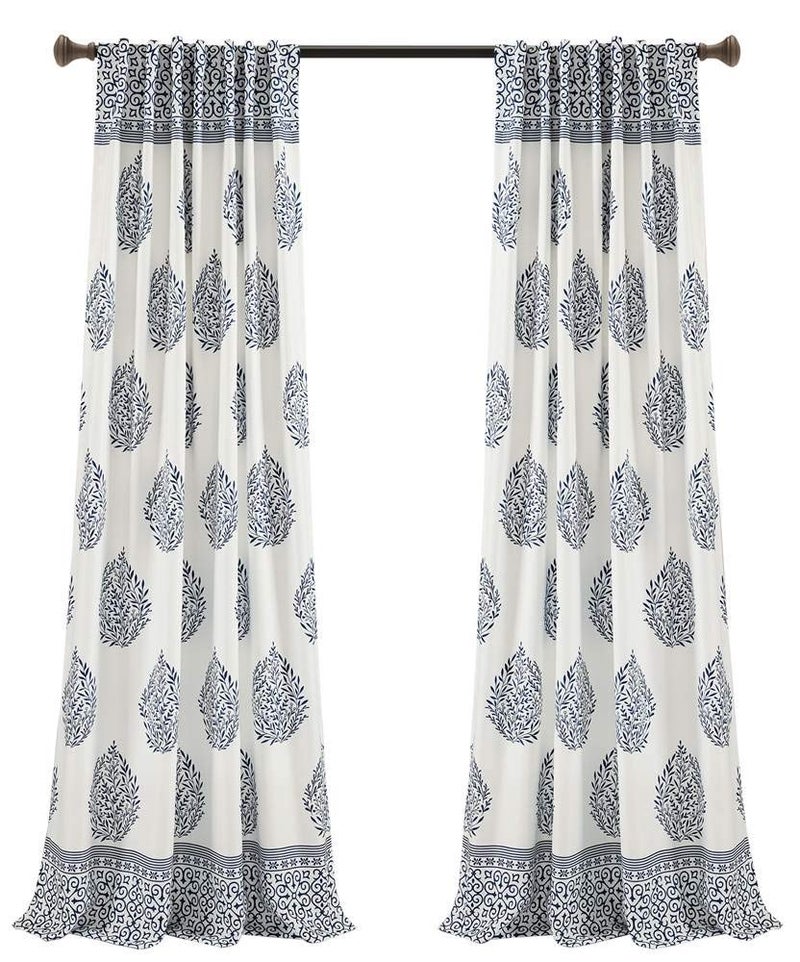 Lush Decor Teardrop Leaf Curtains Light Filtering Window Panel Set for Living, Dining, Bedroom (Pair), 95â€ x 52â€, Navy - Image 1